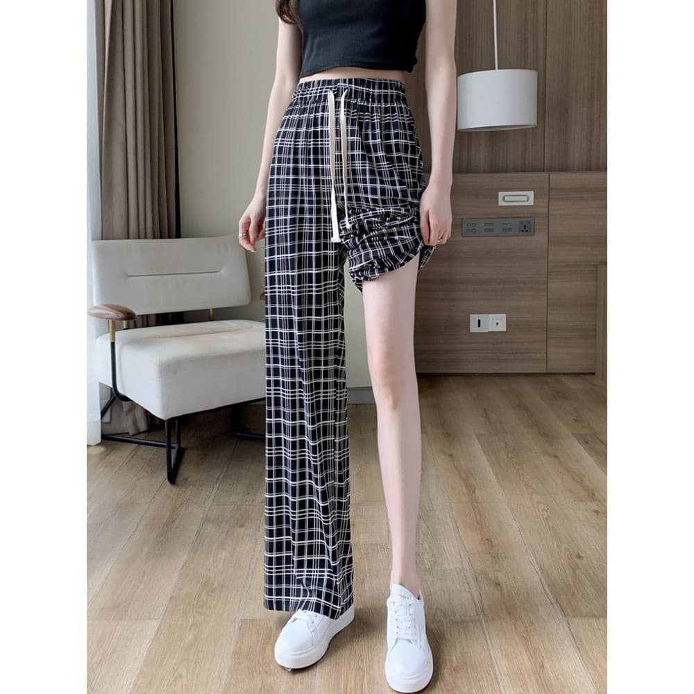 Lee Pick-up desconto feminino preto branco xadrez calças de seda gelo calças de perna larga cintura alta Drape solto em