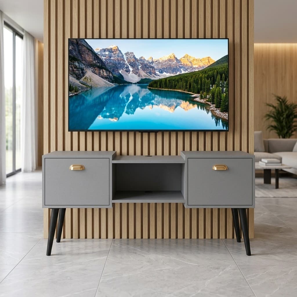 Rack para TV Até 48 Polegadas Orfeu Malbec Wood Retrô 2 Porta 1 Nicho Cinza Brilhante