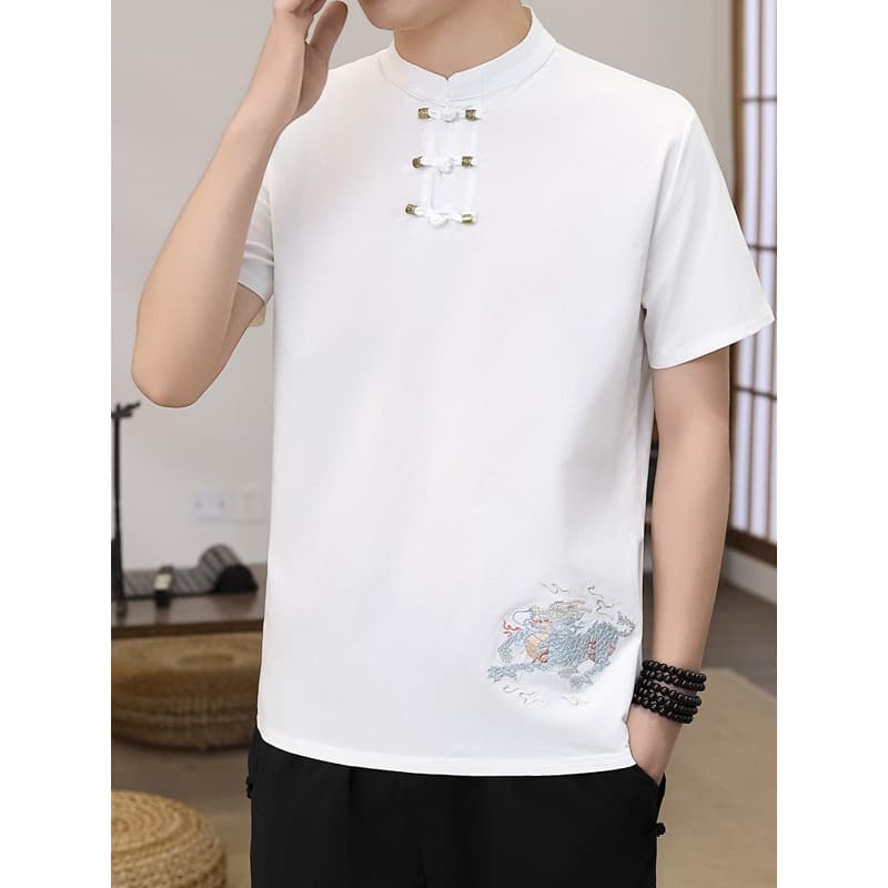 Estilo chinês verão fivela gola alta de manga curta camiseta masculina seda gelo meia manga Tang terno camiseta calças c