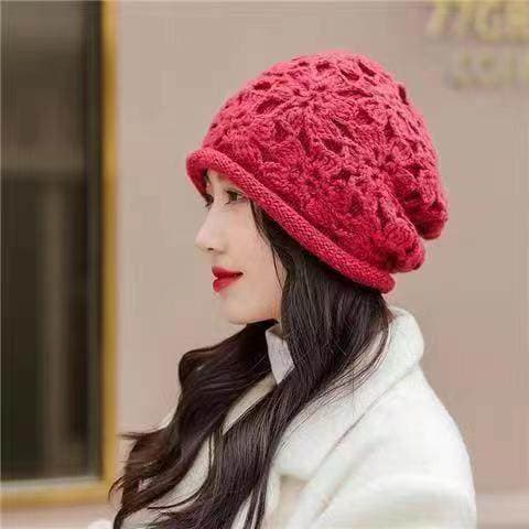 Chapéu feminino outono inverno chapéu de lã artesanal crochê pulôver elegante Baotou chapéu de malha quente flor