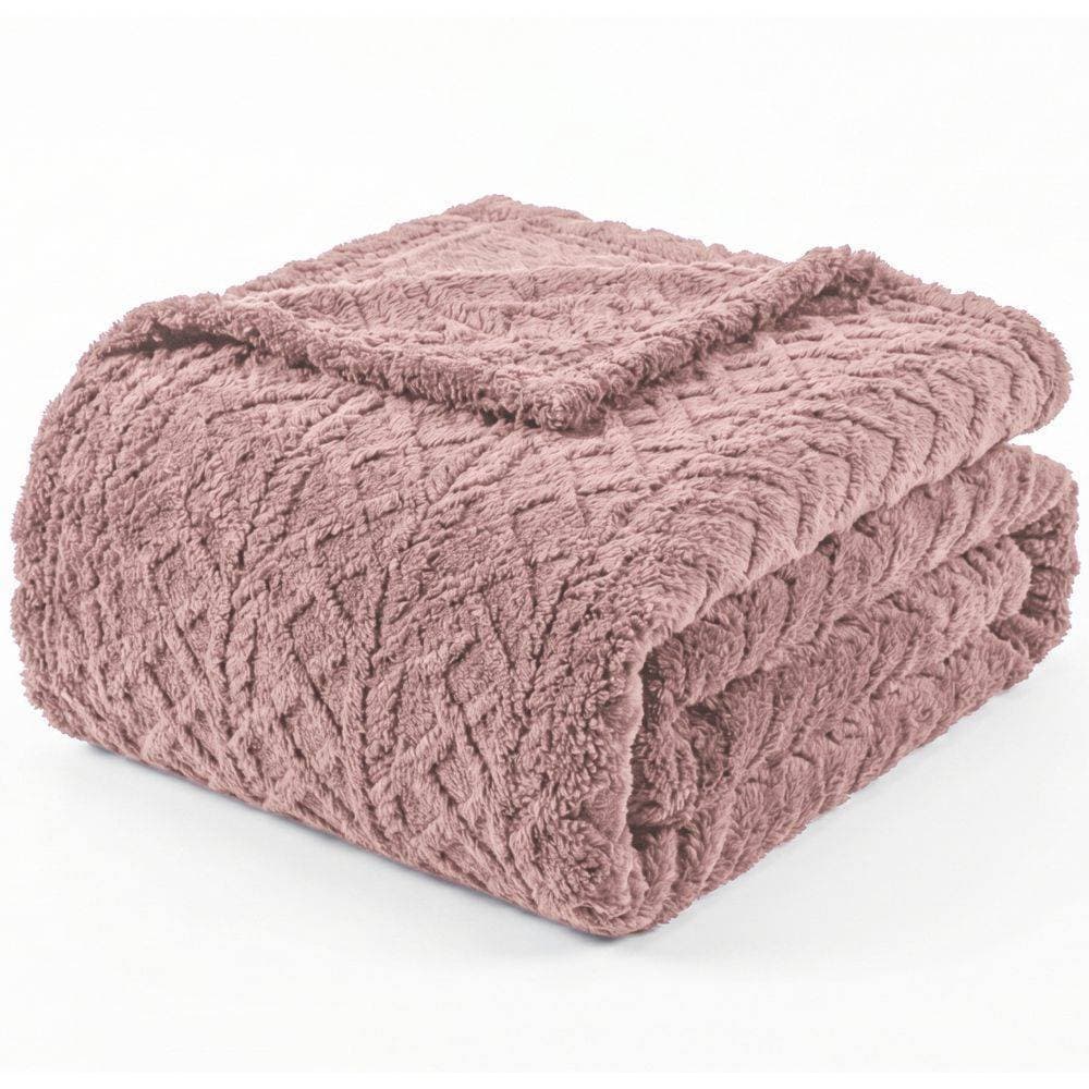 Manta Queen Sherpa Dupla Face 240g/m²Jacquard Alto Relevo Aveludada Quente e Macia Rose - 100% Poliéster
