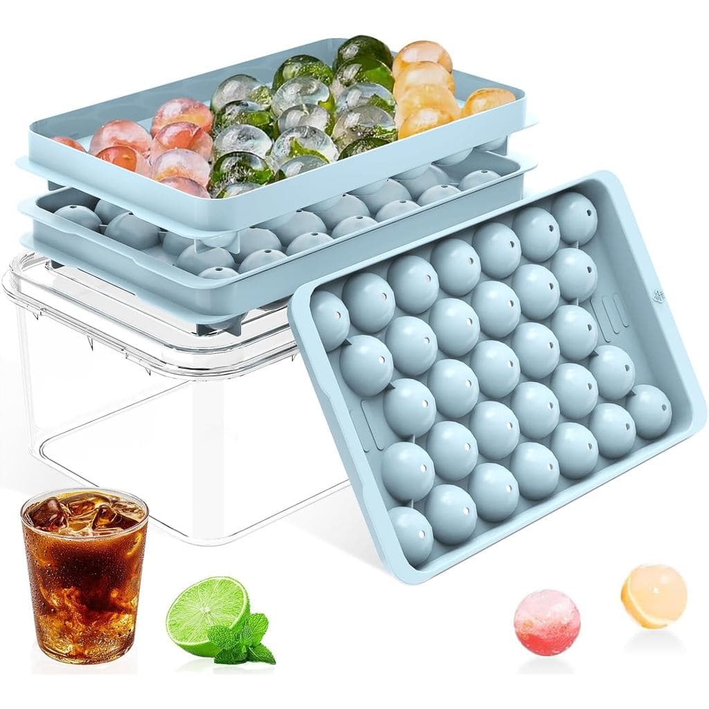 Forma de Gelo com Tampa e Recipiente – Formas de Gelo Redondas para Freezer, Molde de Gelo de Grau Alimentício Livre de