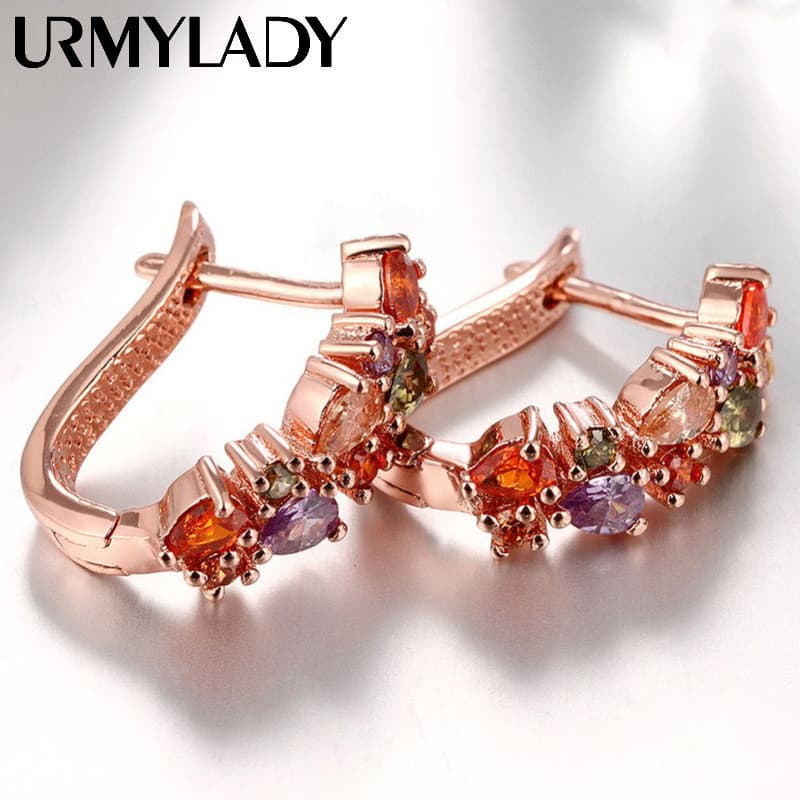 URMYLADY 925 Prata Esterlina Colorida Zircão Earclip Para Mulheres Brincos Banhados A Ouro Rosa 18K Joias