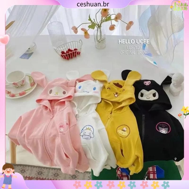 Sanrio & # 39novo Outono Moletom Com Capuz Kawaii Anime Cinnamoroll Mymelody Kuromi Infantil Jaqueta De Manga Comprida P