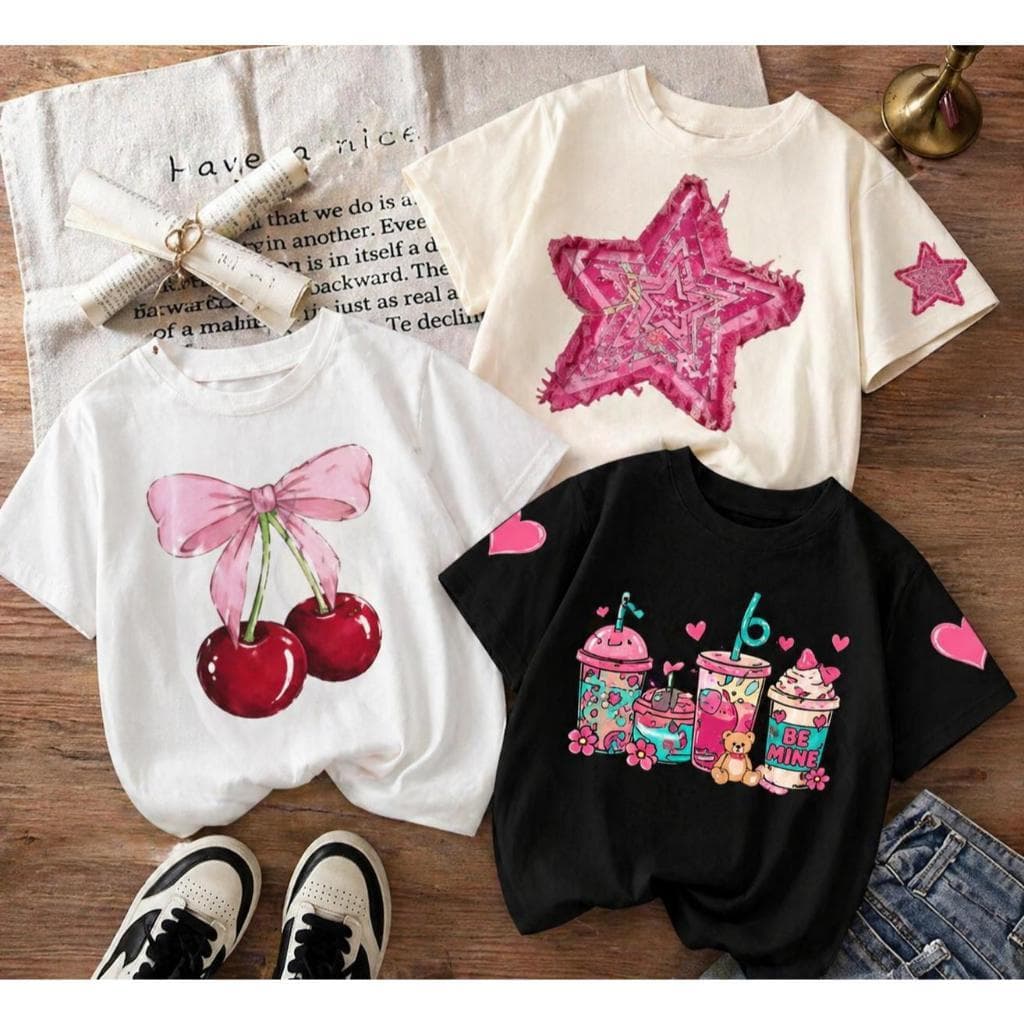 Kit 3 Camisetas Infantis T-Shirt Modinha Blogueira Luxo Menina Algodão Manga Curta Fofa Vintage