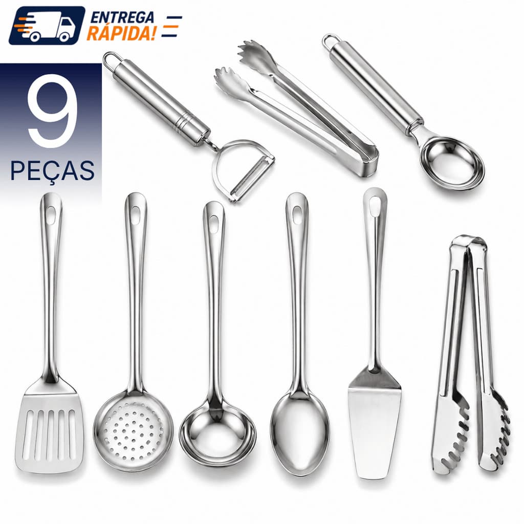 Kit Utensílios Cozinha Aço Inox 5 a 9 Peças Colher Concha Espátulas Pegadores Descascador Premium Casa Cozinha Completa