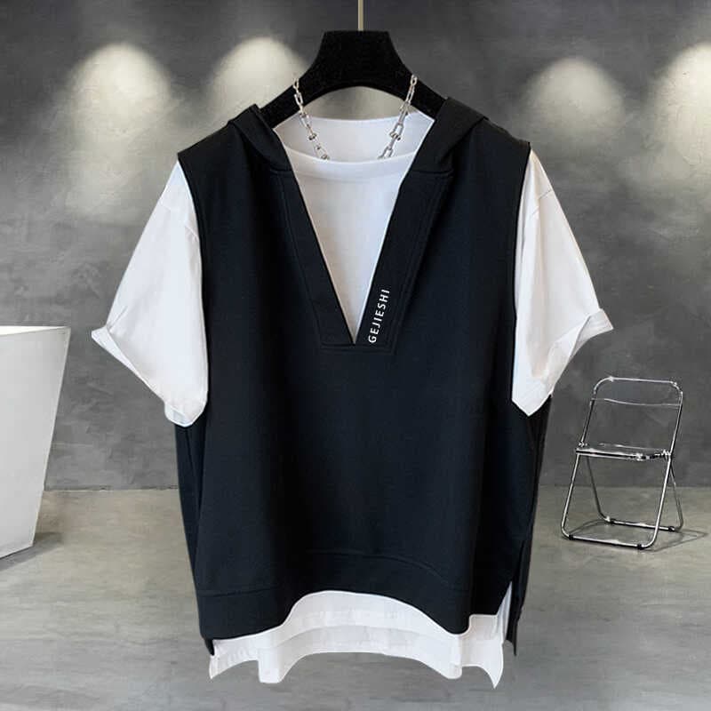Verão masculino feminino camiseta de manga curta Street Wear ins solto Casual costura falso Design de duas peças meia-