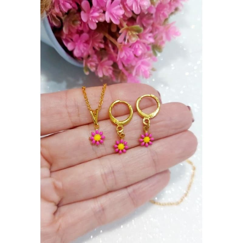 Brincos e colar infantis banhados a ouro 18K, brincos com pingente de flor TY1V