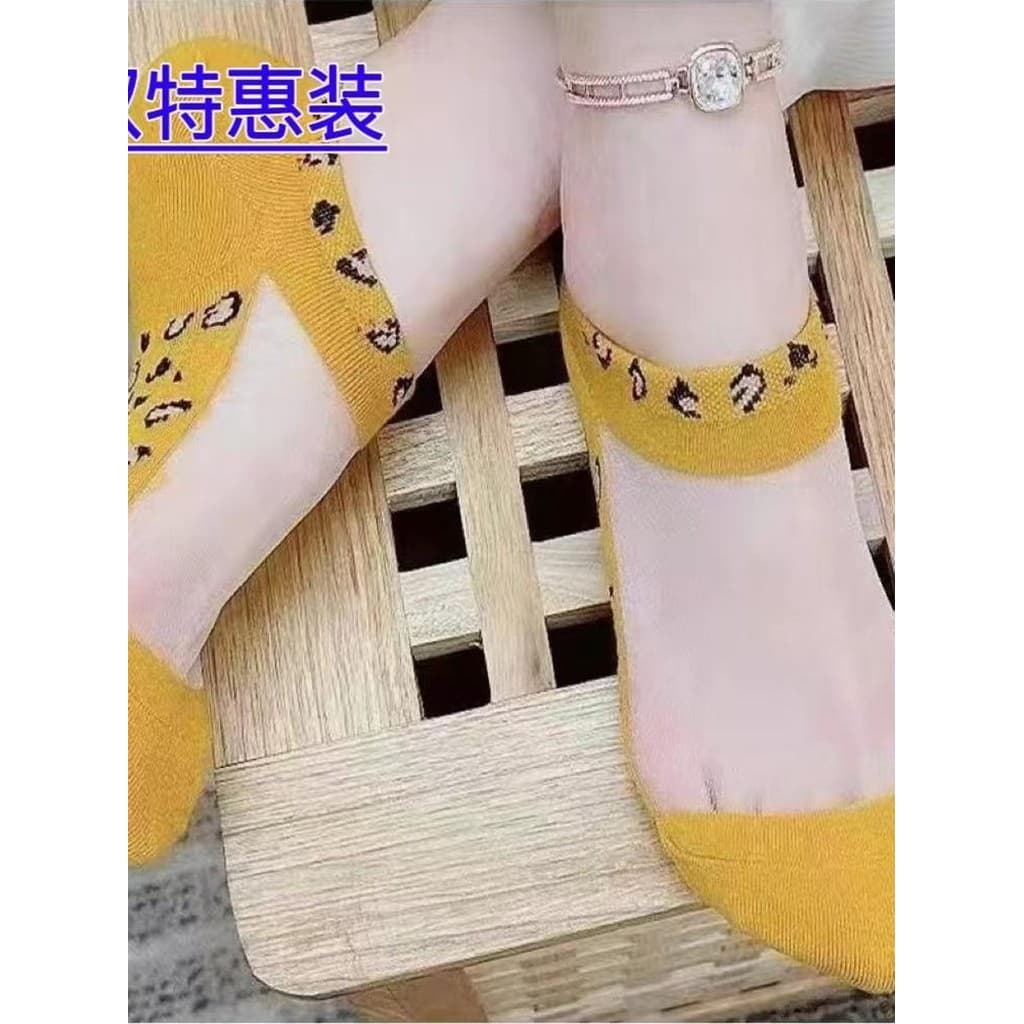 Ins barco meias femininas verão estilo fino respirável leopardo impressão meias de seda cristal invisível vidro meias de