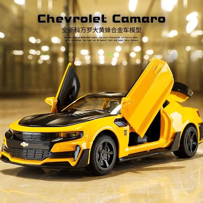 Modelo de carro Camaro Bumblebee em liga metálica, modelo de simulação com som e luz, carro de brinquedo com controle de