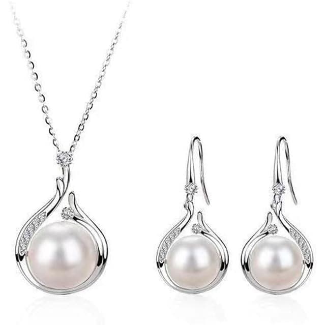 Conjunto de Joias Clássicas de Pérolas para Mulheres, Colar e Brincos Elegantes com Zircônia Cúbica, Pérola de Água Doce