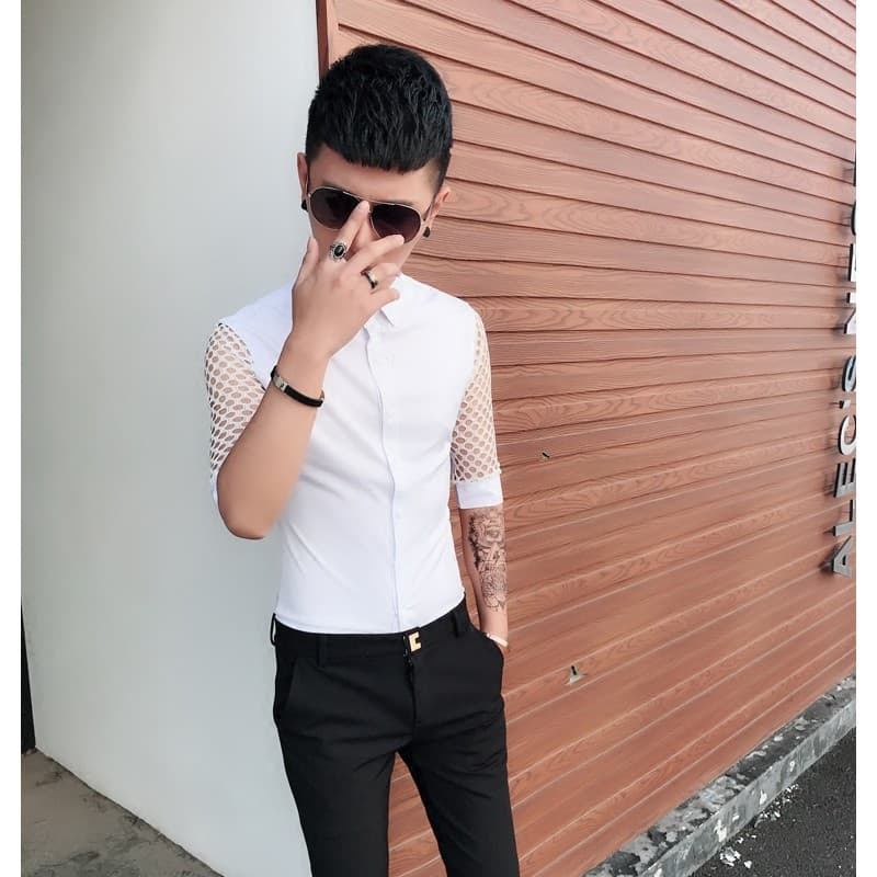 Meia manga masculina 2024 novo estilo verão versão coreana camisa de meia manga magro-ajuste personalidade costura cabel