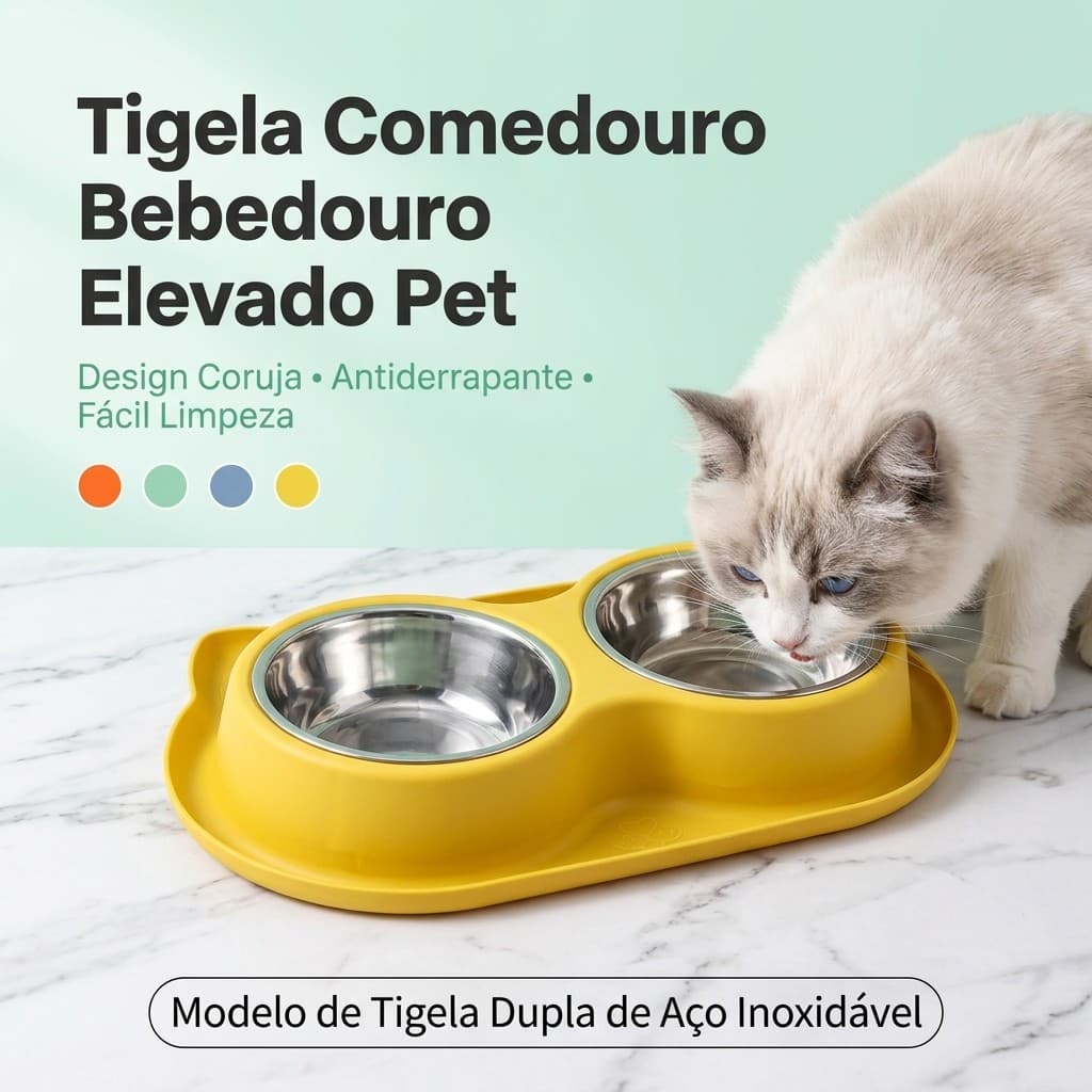 Comedouro e Bebedouro 2 em 1 Tigela Dupla em Aço Inoxidável Duplo Anti-Formiga Antiderrapante para Cachorros e Gatos Pet