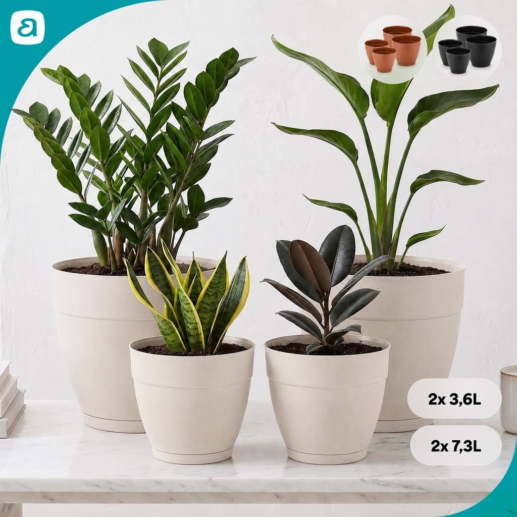 Kit 4 Vasos Redondos com Prato Anti-Dengue 7,3L 3,6L Plástico Plantas Jardim Varanda Interno Externo
