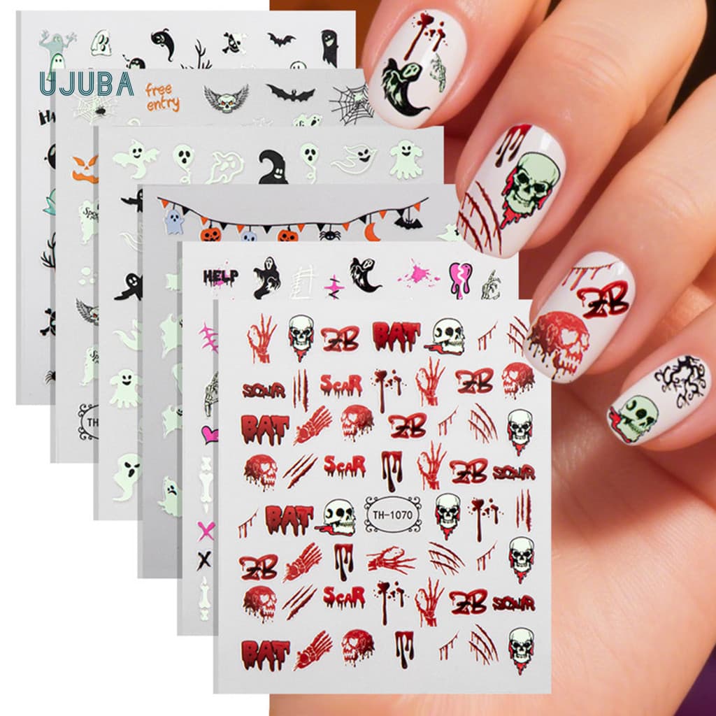 Ujb 6 Folhas De Decalque De Manicure Fantasma , Adesivos Luminosos De Unhas De Halloween , Decalques Autoadesivos De Sal