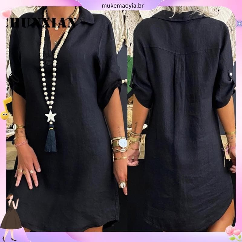 Faicai_Csa Mulheres E # 39 ; s Vestido Plus Size De Algodão Linho Com Gola Virada Solta