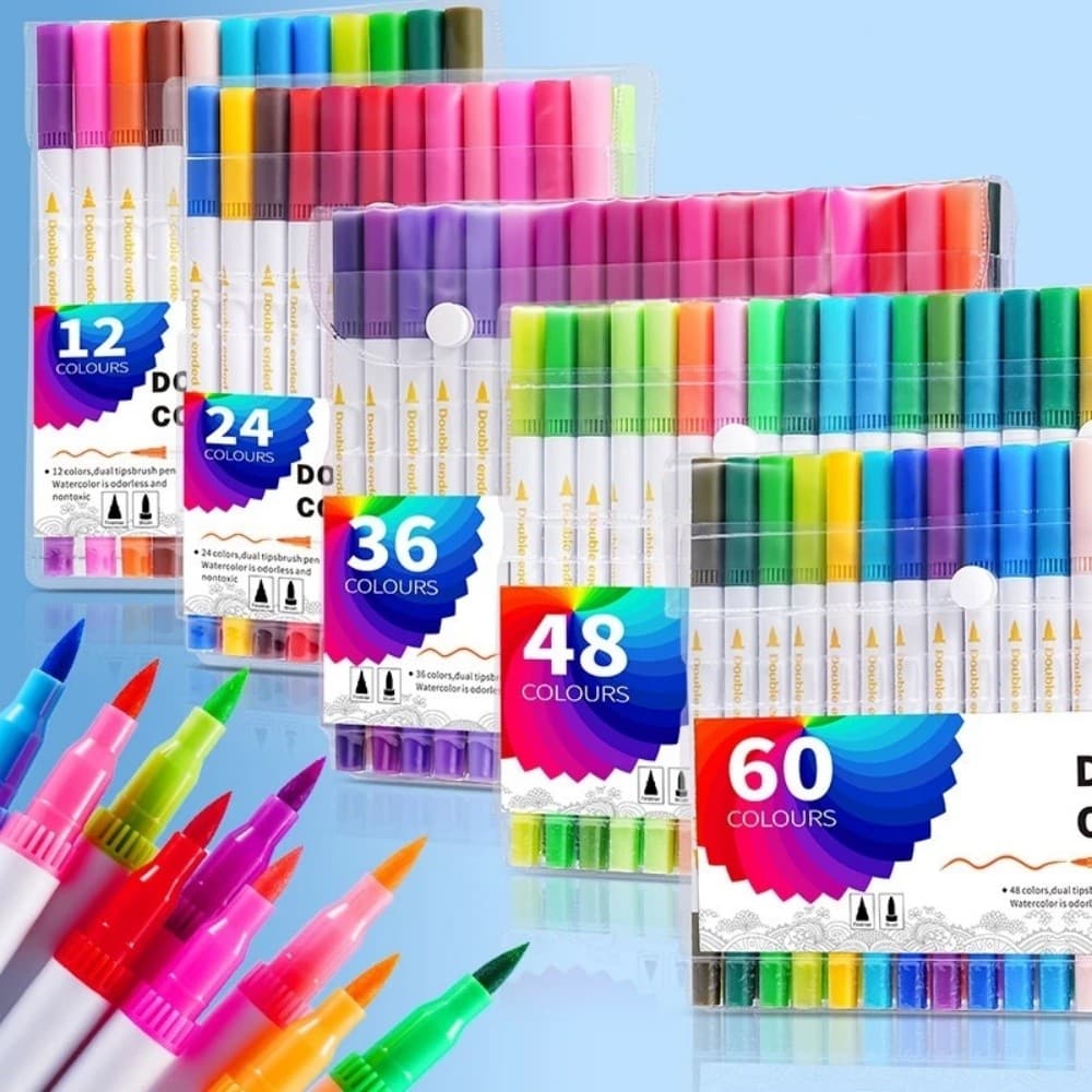 Estojo Canetas Coloridas Ponta Dupla Pincel e Fineliner Marcadores Artísticos Várias Cores Alta Pigmentação