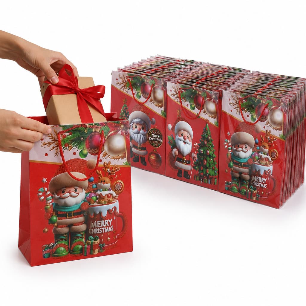 Kit com 12 Sacolas Natalinas M para Presente 26x32x10cm Papel Brilhante com Glitter Vermelho