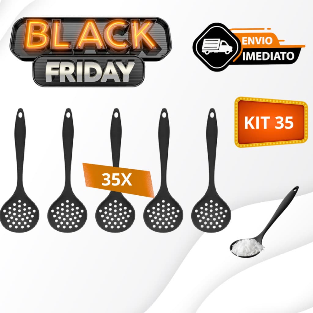 Jogo 35 Escumadeiras Pretas   De Silicone Grande