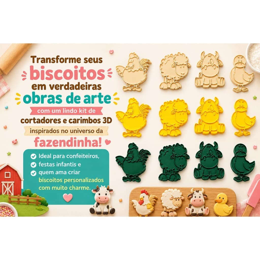 Kit 6 Peças Cortadores e Carimbos para Biscoitos Tema Fazendinha