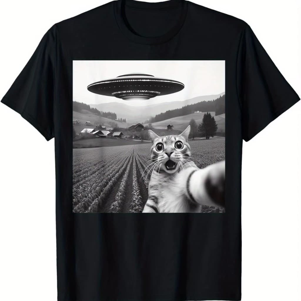 Camiseta unissex estampada Ufo e gato meme ET camisa Algodão Unissex Blusa