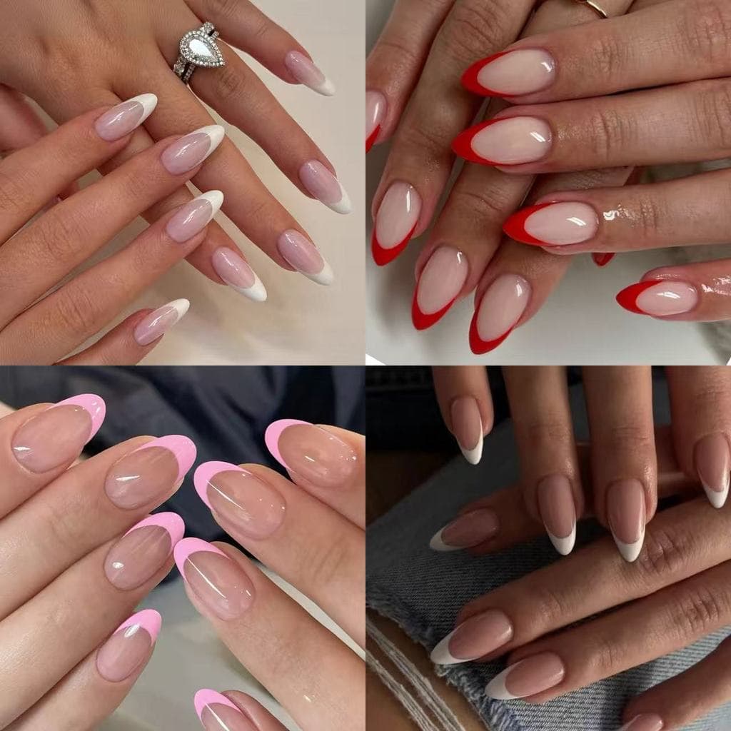 Conjunto de 24 Unhas Postiças Clássicas Francesas Nude Base Média Formato Amêndoa Elegantes e Usáveis 18JS