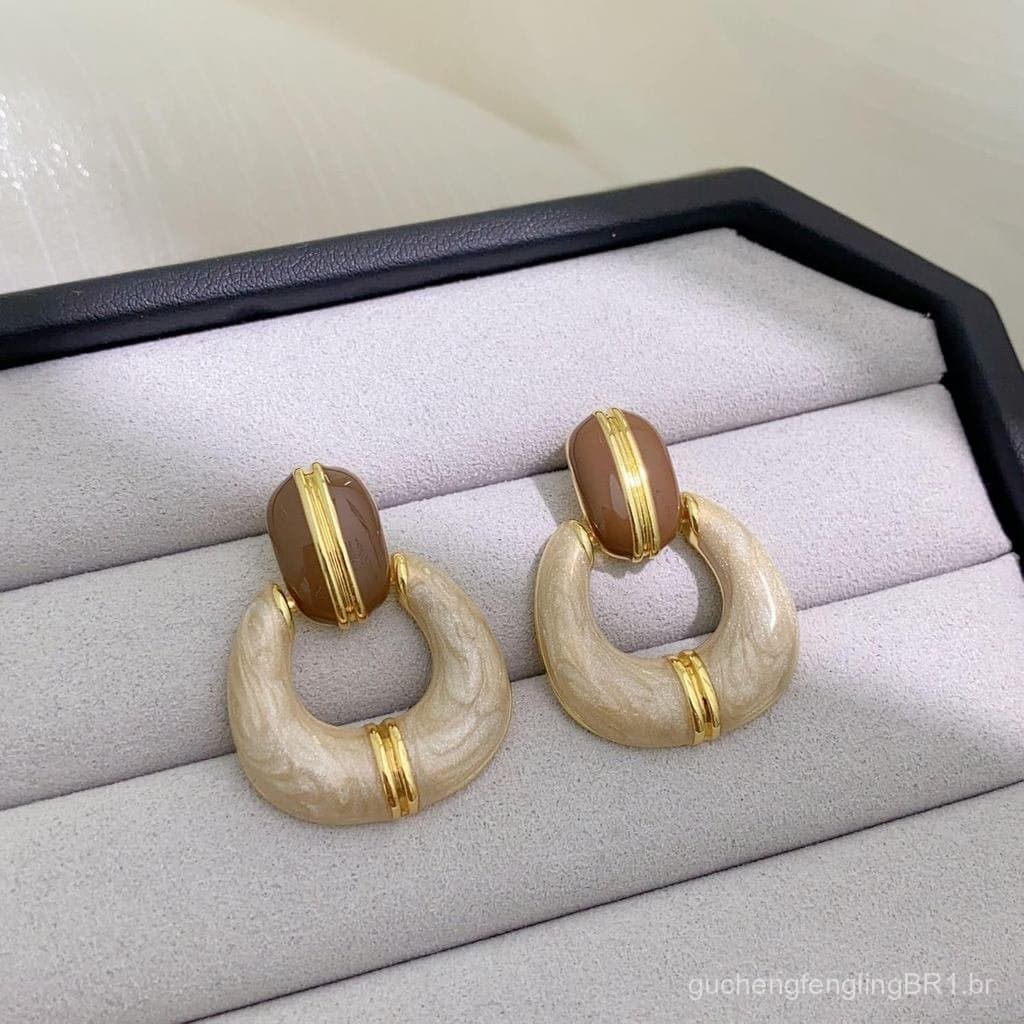 Brincos Pendentes Vintage Banhados a Ouro 18K com Esmalte de Mármore para Mulheres, Brincos Geométricos em Tons Café e C