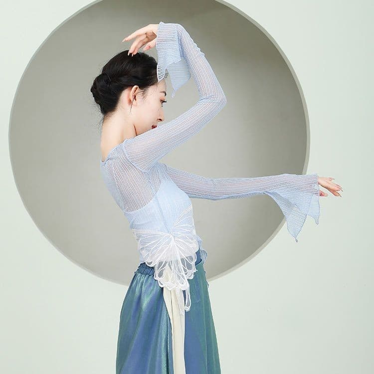 [WDF] Top de dança clássica chinesa em forma de borboleta bordada, gaze de rima corporal, camiseta de fantasia de Perfor