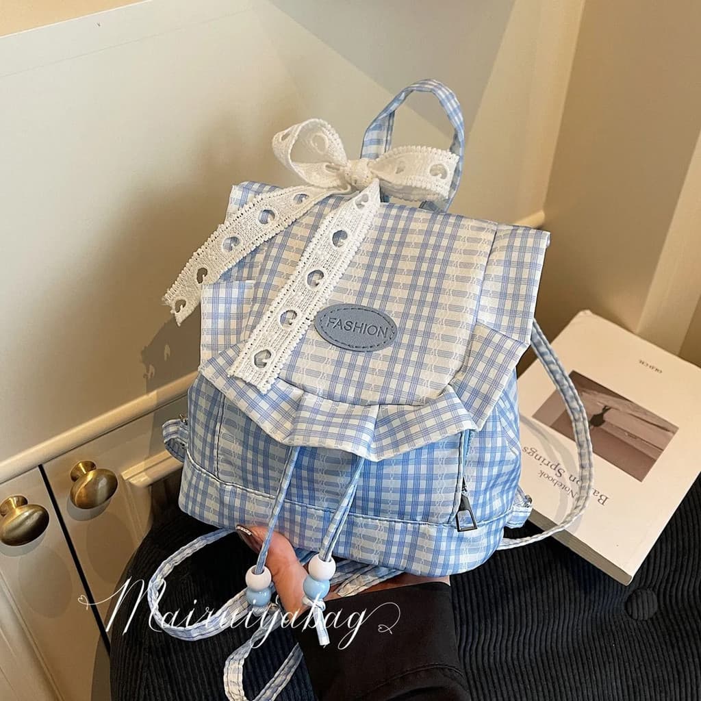 [SJB] Mochila feminina xadrez de renda azul estilo coreano, mochila feminina com babados doces, bolsa escolar estilo Pre