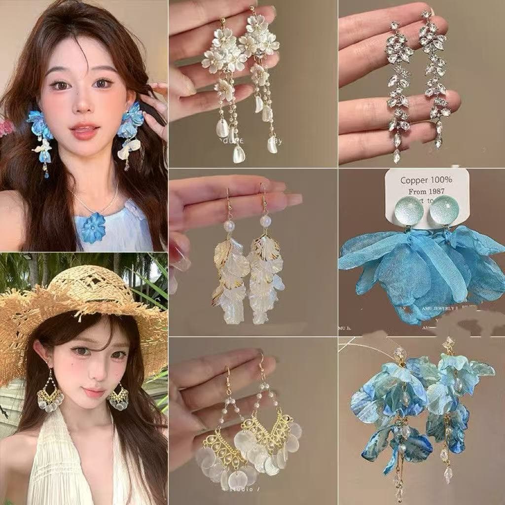 Agulha de prata Super fada lindo tecido flor borla brincos verão beira-mar férias estilo brincos luz luxo High-End brinc