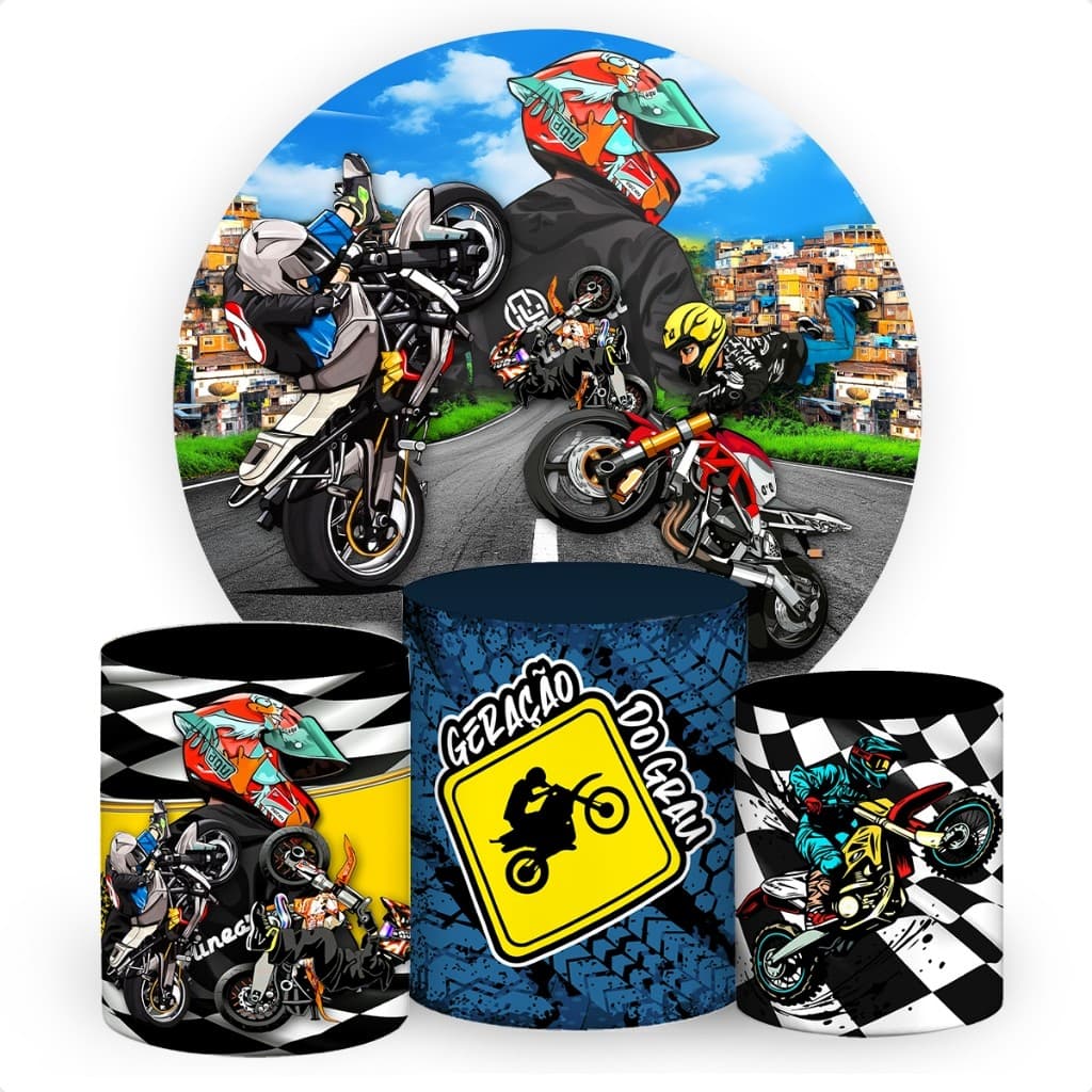Kit Painel Redondo 1,5m + 3 Capas De Cilindro C/ Elástico Em Tecido Motos Geração do Grau SKP-279 | Entrega Rapida