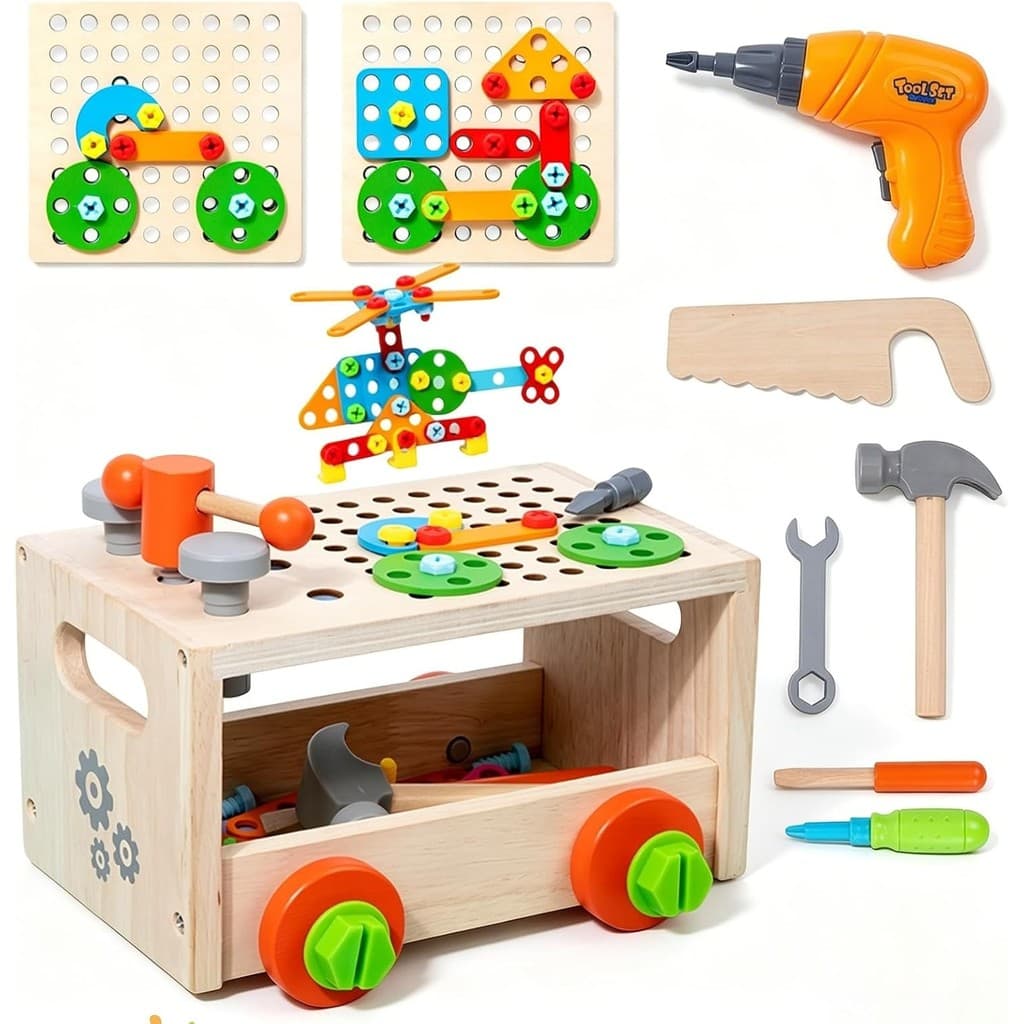 Conjunto De Ferramentas De Madeira Para Crianças , Bancada De Trabalho Com Furadeira De Brinquedo E Carrinho De Armazena