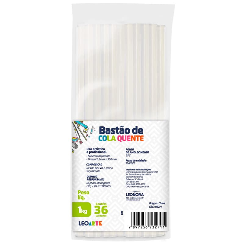 REFIL DE COLA QUENTE BASTAO SILICONE GROSSA PCT 1KILO LEOARTE COM 36 UNIDADES 11,2MM X 300MM