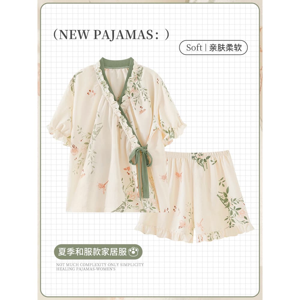 2026 novo estilo verão pijamas de manga curta feminino novo estilo chinês atado estilo fino pode usar fora estilo chinês