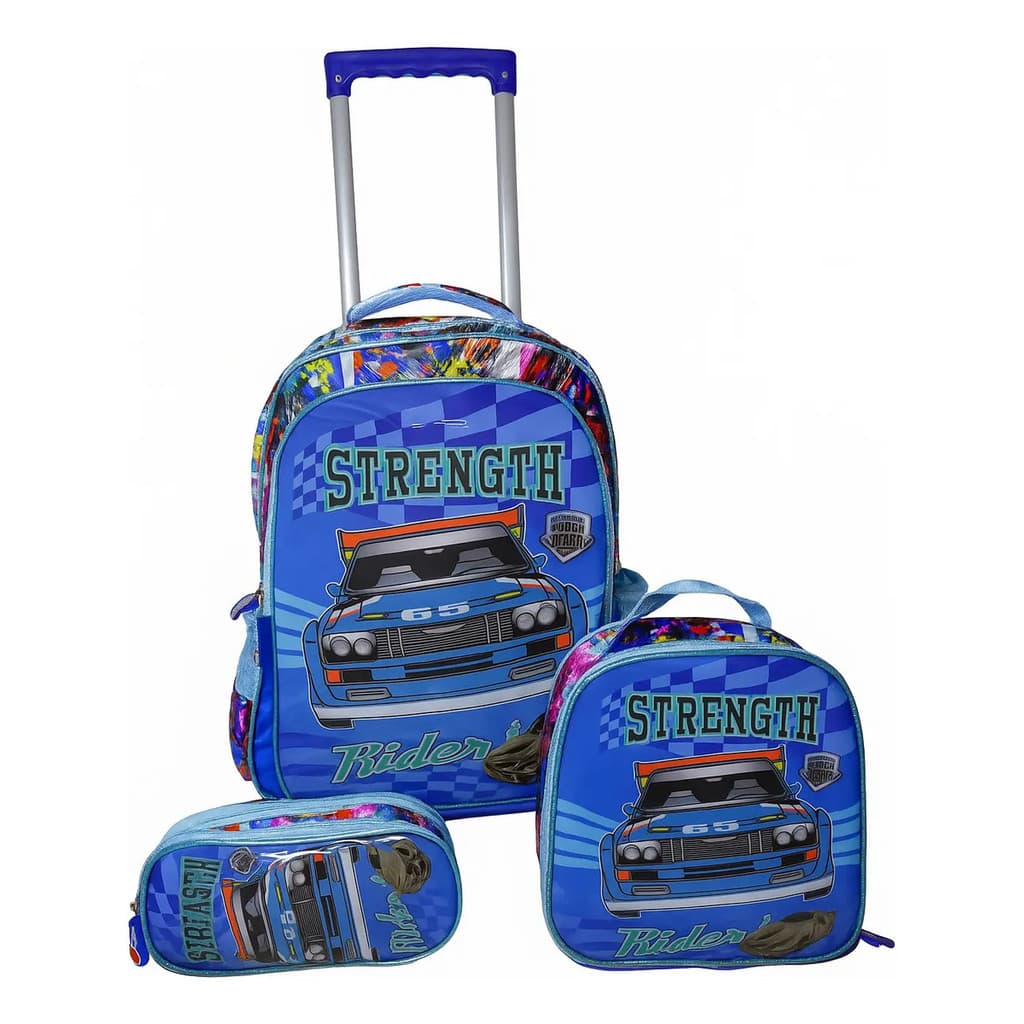 Kit Mochila De Rodinhas Carro Escolar + Lancheira + Estojo