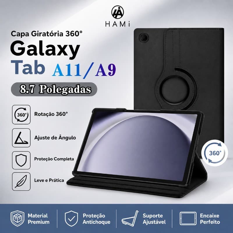 HAMI Capa Giratória 360° para Samsung Tab A11/A9  8.7” - antichoque, suporte, couro PU resistente