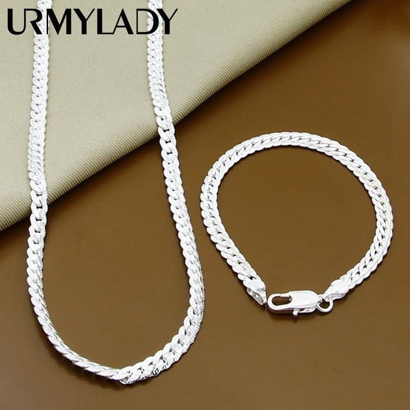 Conjunto de Corrente de Prata URMYLADY 2 Peças 6mm Colar Pulseira Presente Unissex 6ZDW ZPUS