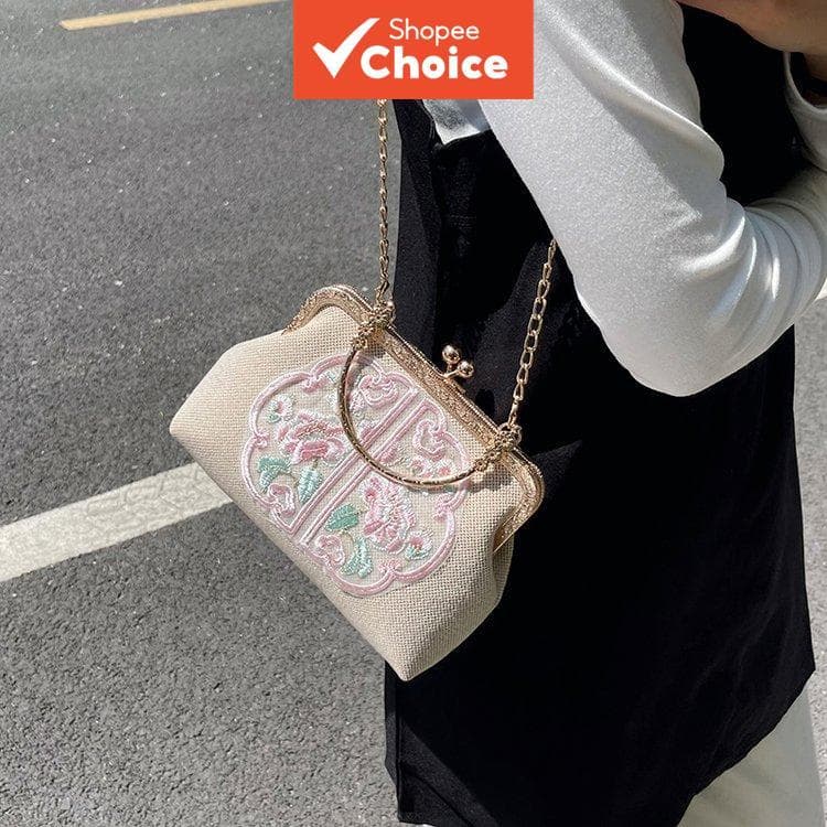 Bolsa de mão com fecho bordado oriental feminina | Bolsa tiracolo de corrente elegante retrô combinando com cheongsam
