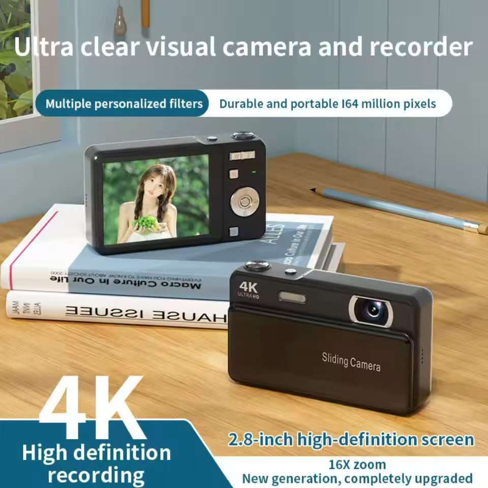 Câmera Digital 4K Ultra HD 64MP 16X Zoom Deslizante Portátil Com Foco Automático Flash Embutido Para Vlogging Em Viagens