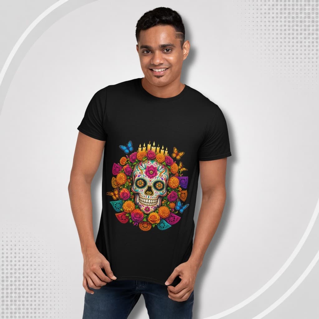 Camiseta Caveira Mosaico Colorido – Skull Floral Unissex Premium