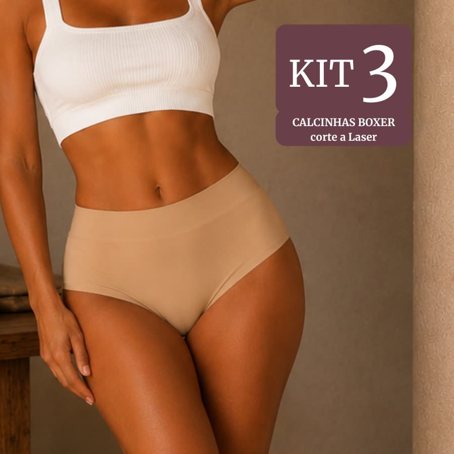 Kit 3 Calcinhas Boxer Feminina Sem Costura Corte a Laser Forro Algodão Cintura Alta Não Marca Confortável