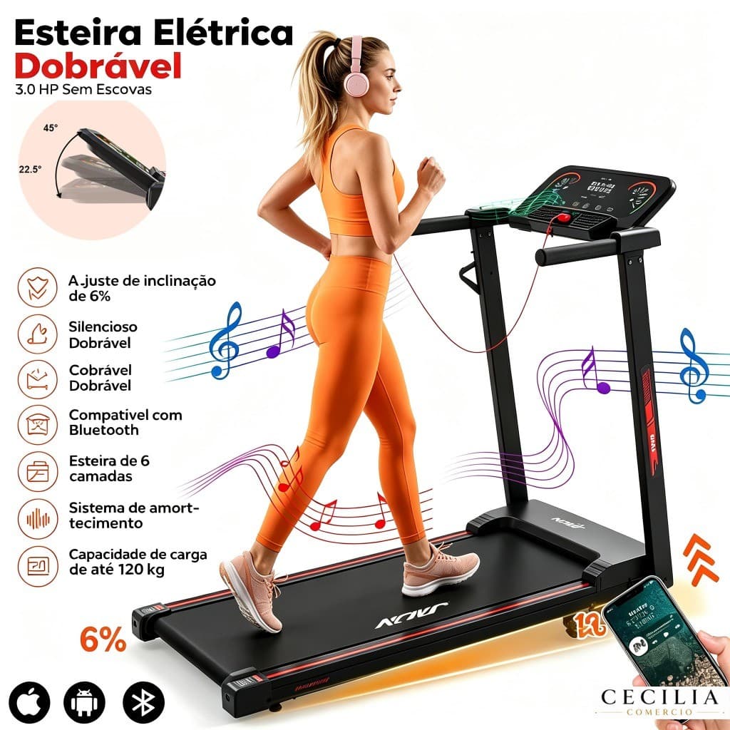 Esteira Elétrica Ergométrica Residencial Ginástica 3.0hp 12km/h Dobrável Corrida Monitor Do Ritmo Cardíaco Disponível