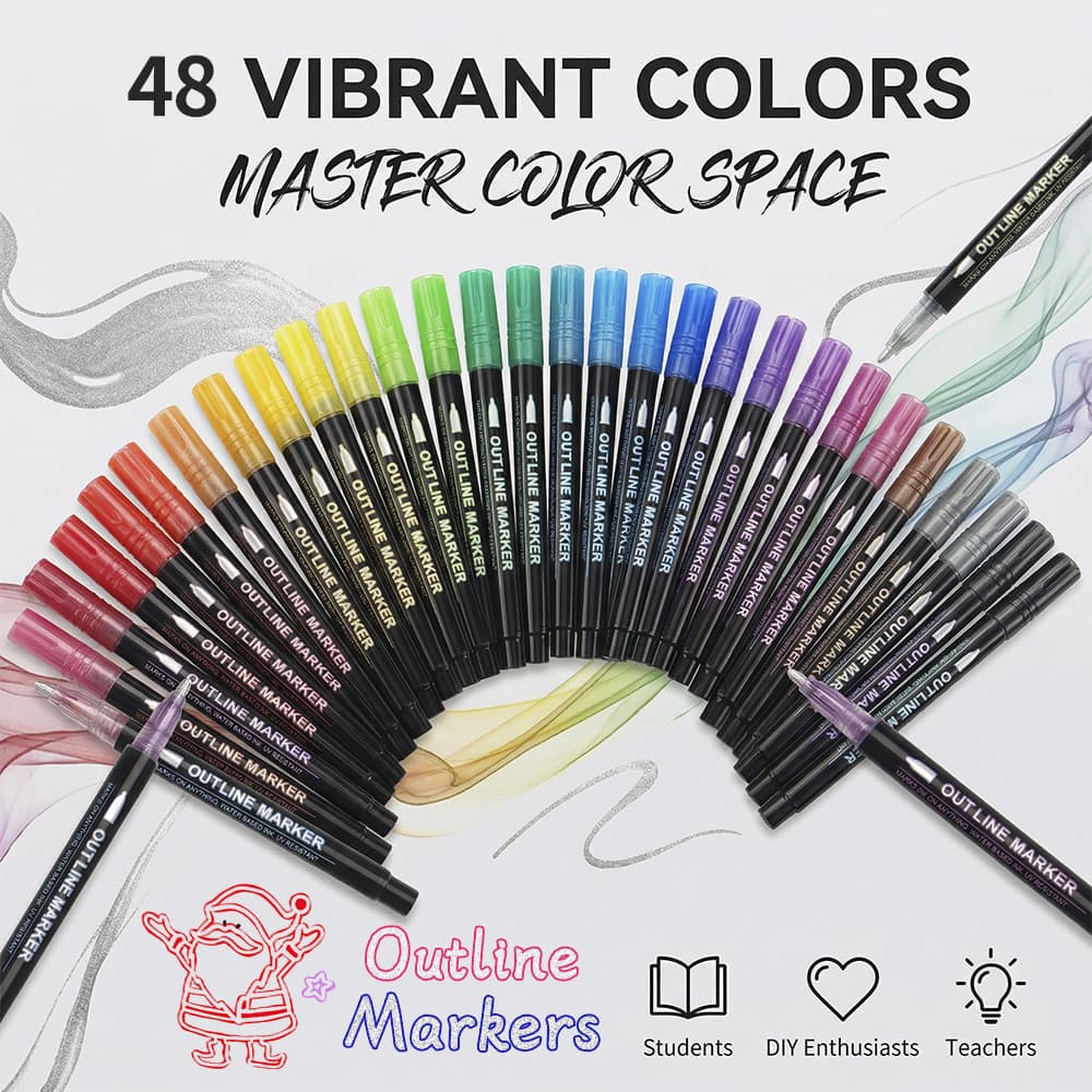 Venda quente 48 cores linha dupla contorno caneta crianças DIY pintura caneta cartão de natal marcador de Metal atacado