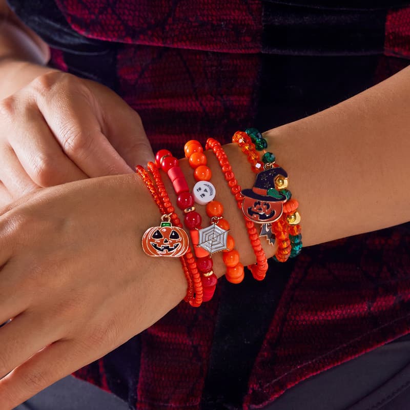 Pulseiras Sobrepostas de Halloween Abóbora Caveira Fantasma Contas de Argila Letras Elásticas Festa
