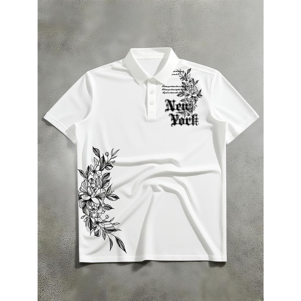Camisa Polo Masculina de Manga Curta Estilo Coreano com Letra Gótica Simétrica e Estampa Floral - Temática Coreana Adequ