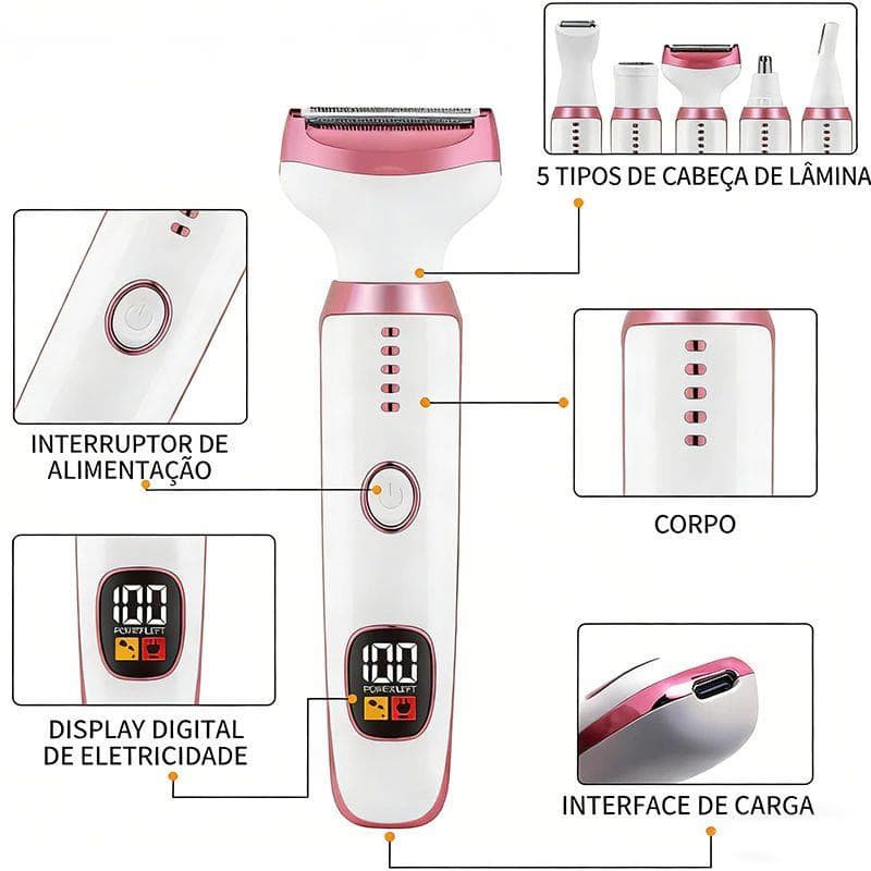 5 Em 1 Depilador Elétrico Multifuncional Com Display LED À Prova D'água Remoção De Pelos Faciais E Corporais Feminino
