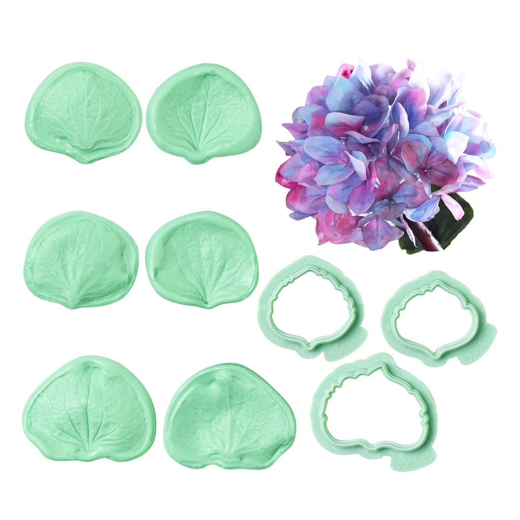 KALAIEN Conjunto de 9 Peças de Moldes de Silicone para Fondant de Flor de Hortênsia com Cortadores de Plástico, para Art