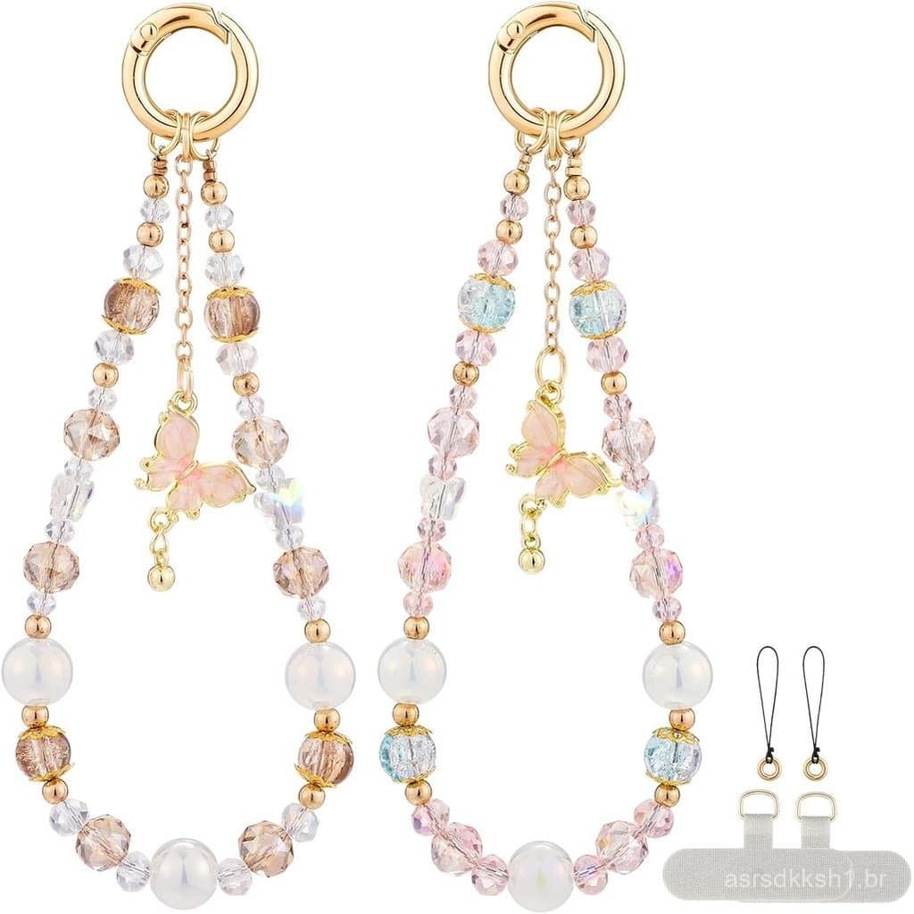 2 Peças de Pulseira para Telefone com Contas de Cristal e Pingente de Borboleta, Inclui Aba de Fixação para Fácil Acopla