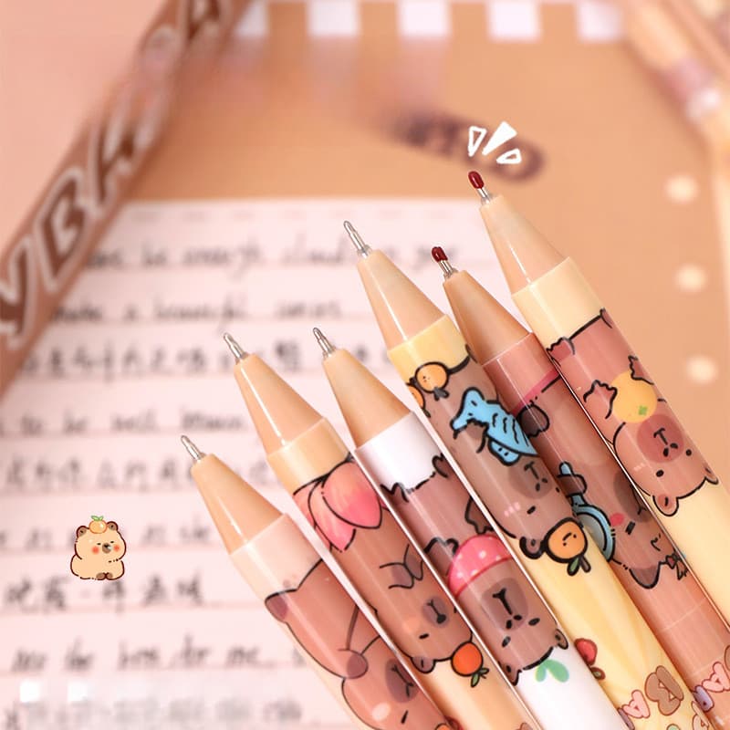 Conjunto de 6 canetas fofas de capivara em estilo cartoon, canetas de gel não apagáveis, ponta ST 0,5mm T1MO