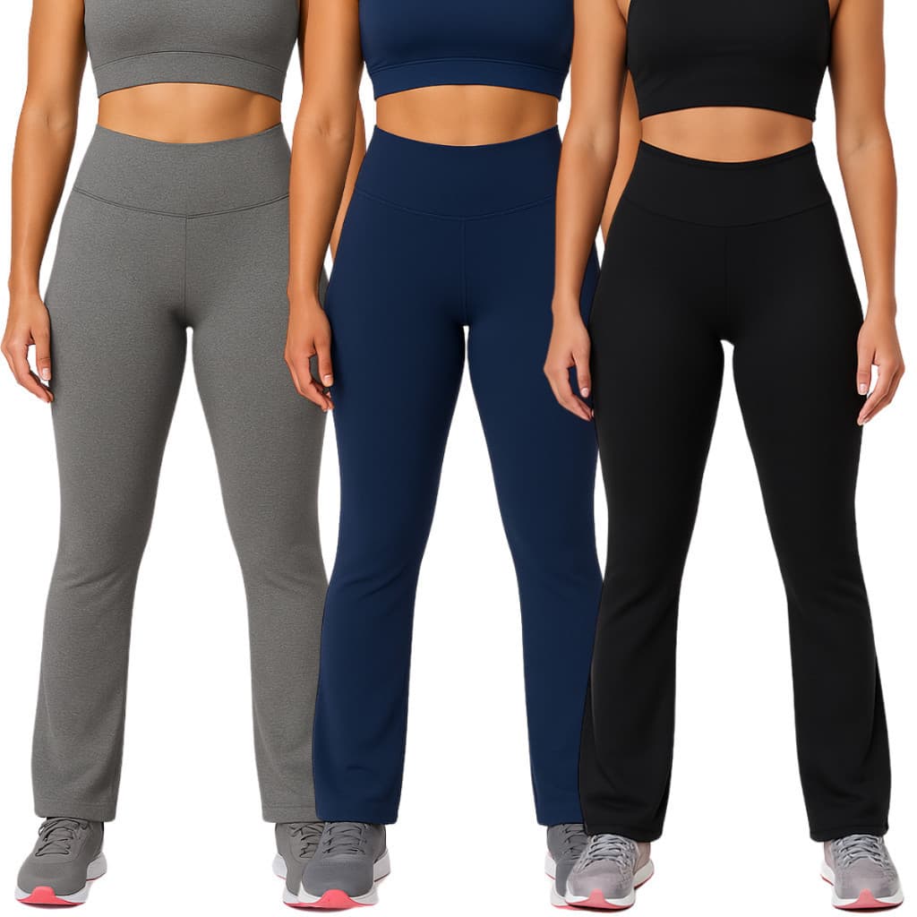 Kit 3 Calça Legging Leg Flare Boca de Sino Preta e Cinza e Azul Suplex Cintura Alta Levanta o Bumbum Zero Transparência